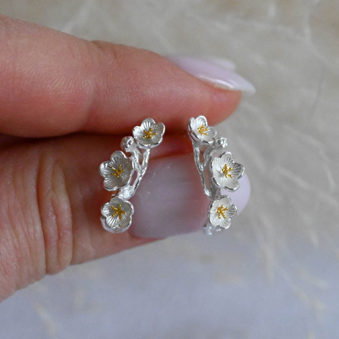 Half Hoop Earrings Spring Flowers, 925 Silver, 18K Gold