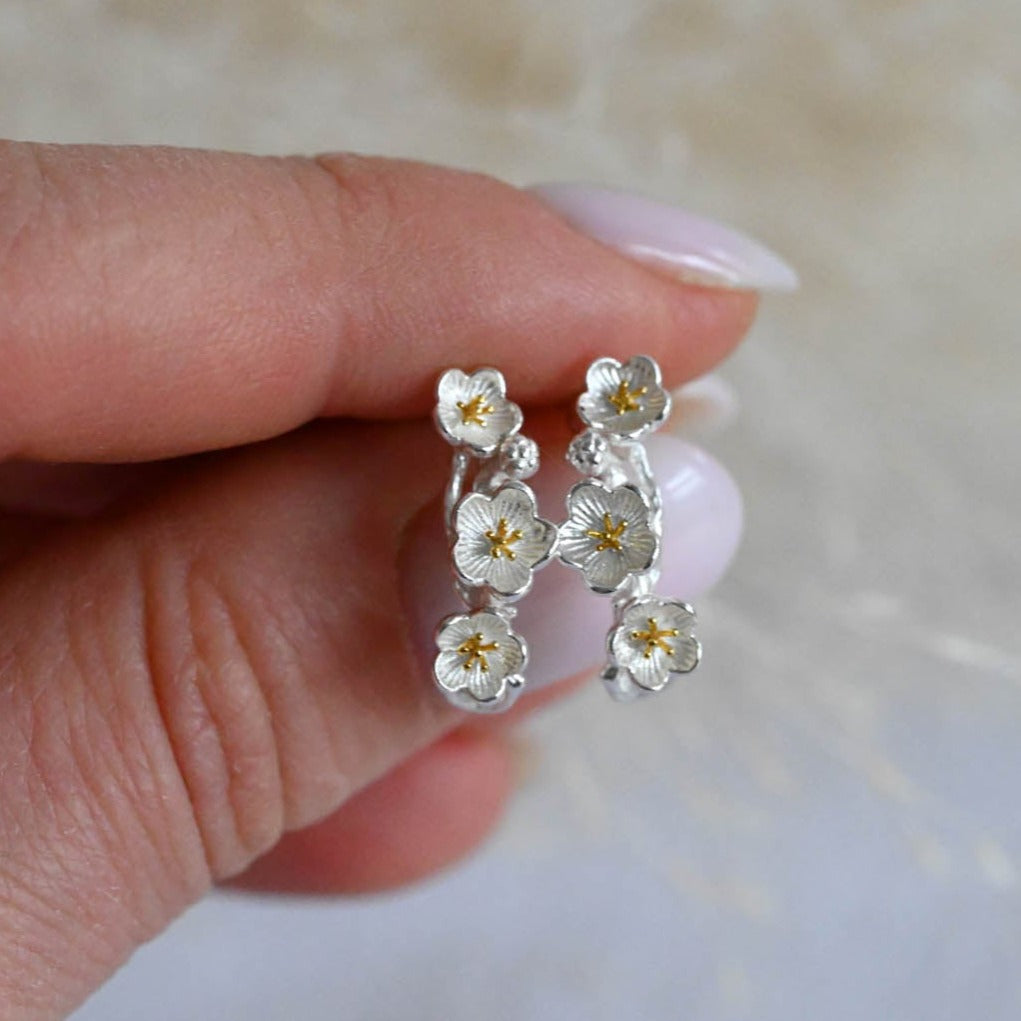 Half Hoop Earrings Spring Flowers, 925 Silver, 18K Gold