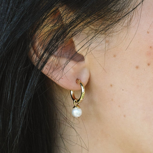 Small Hoop Earrings with Shell Pearl, 925 Silver, 18K Gold