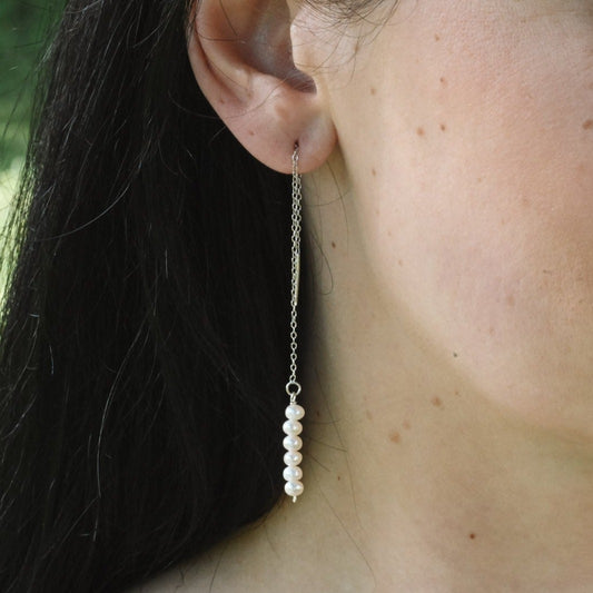 Chain earrings threader with freshwater pearls, 925 silver