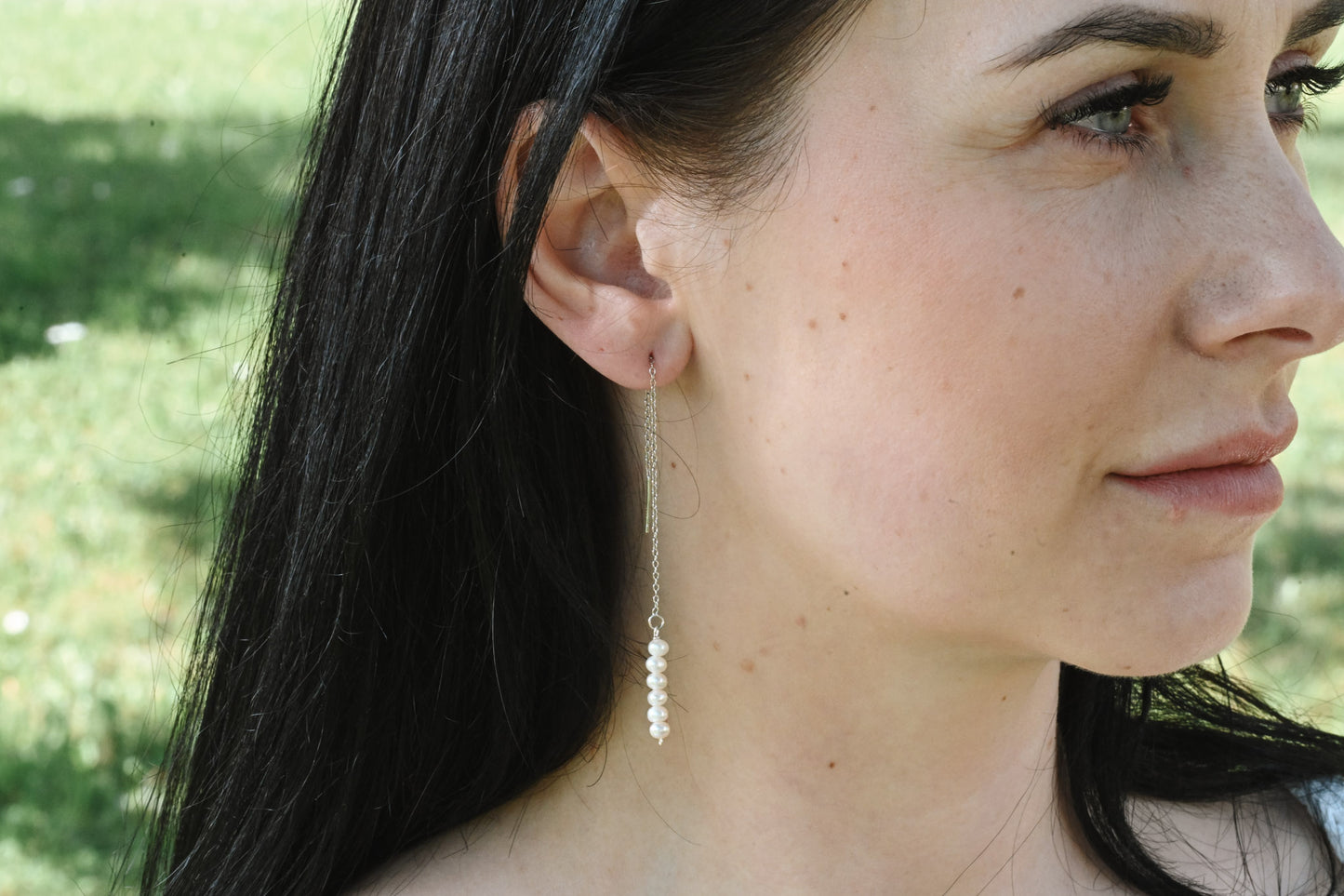 Chain earrings threader with freshwater pearls, 925 silver