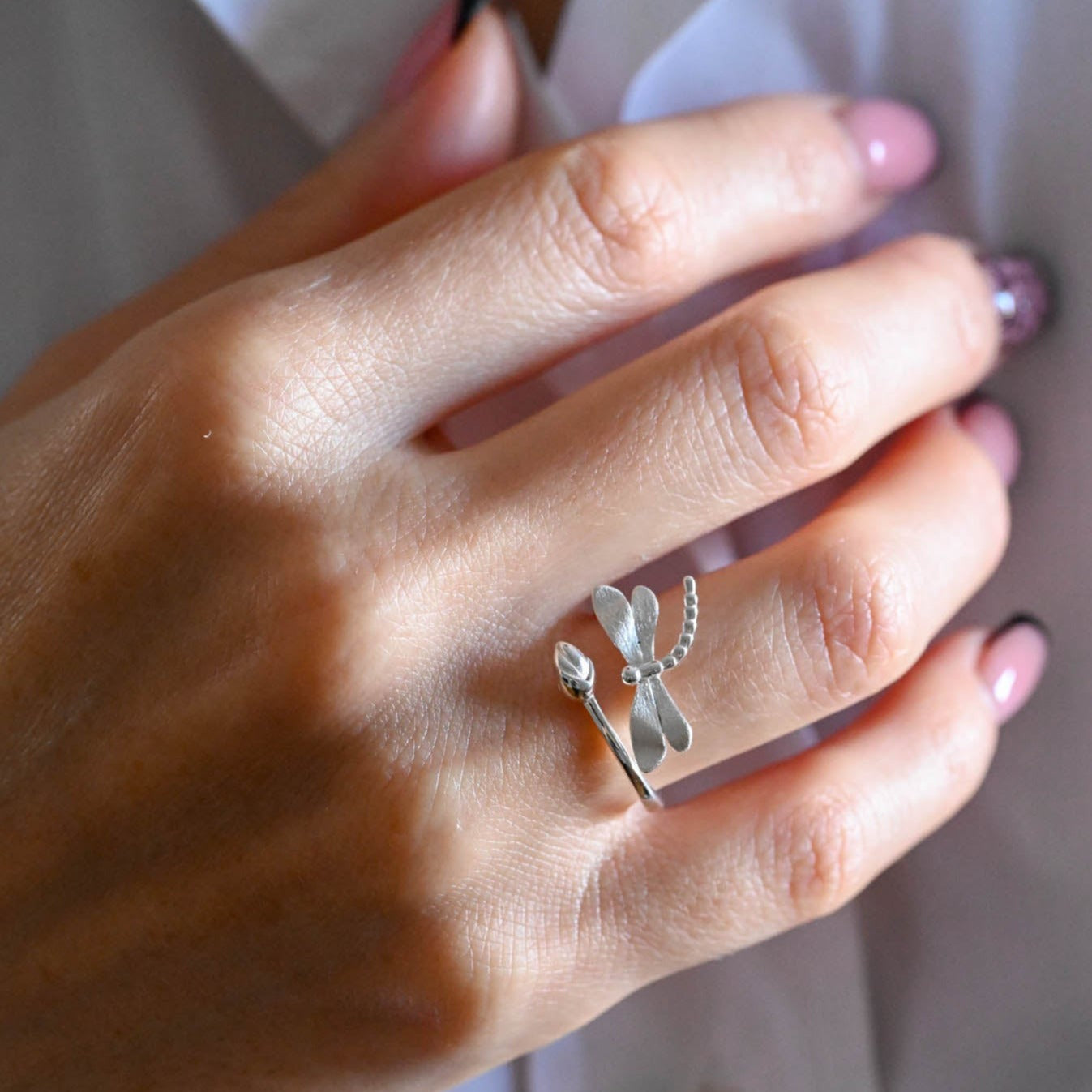 Handmade Dragonfly Ring, 925 Silver, 18K Gold