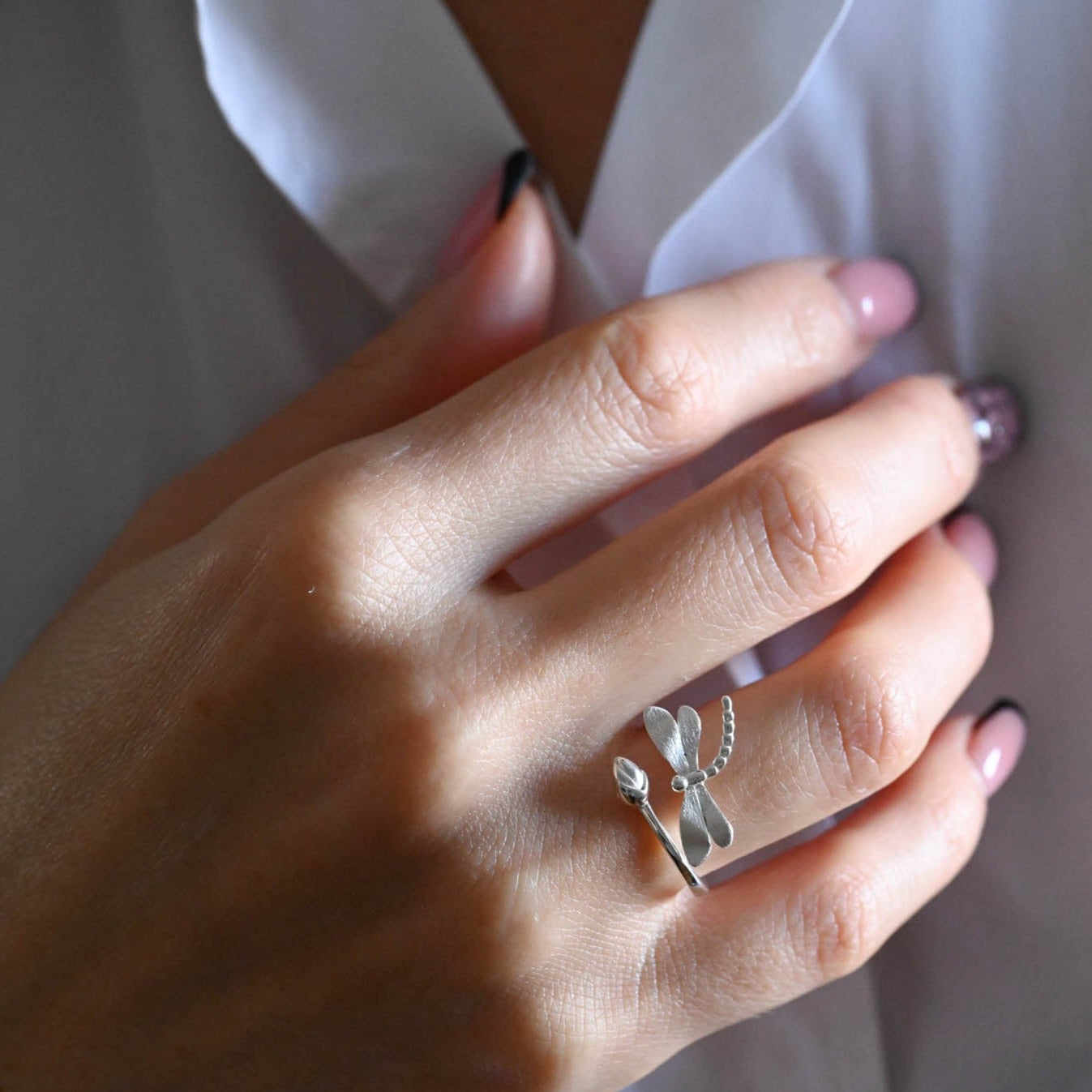 Handmade Dragonfly Ring, 925 Silver, 18K Gold