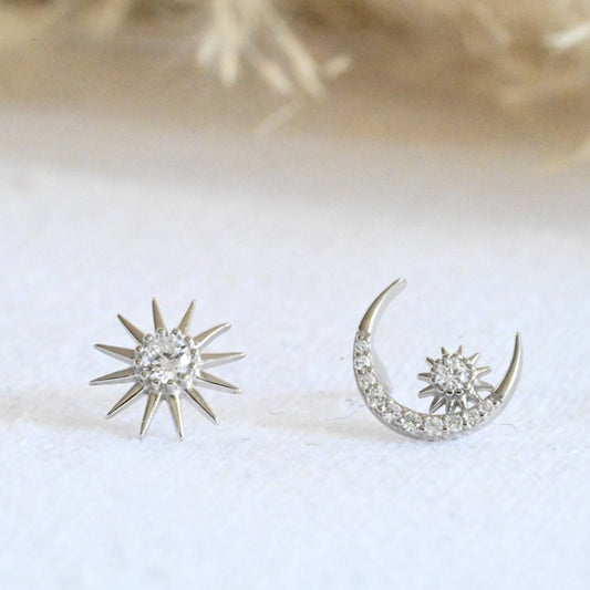 Moon and Stars Stud Earrings, 925 Silver