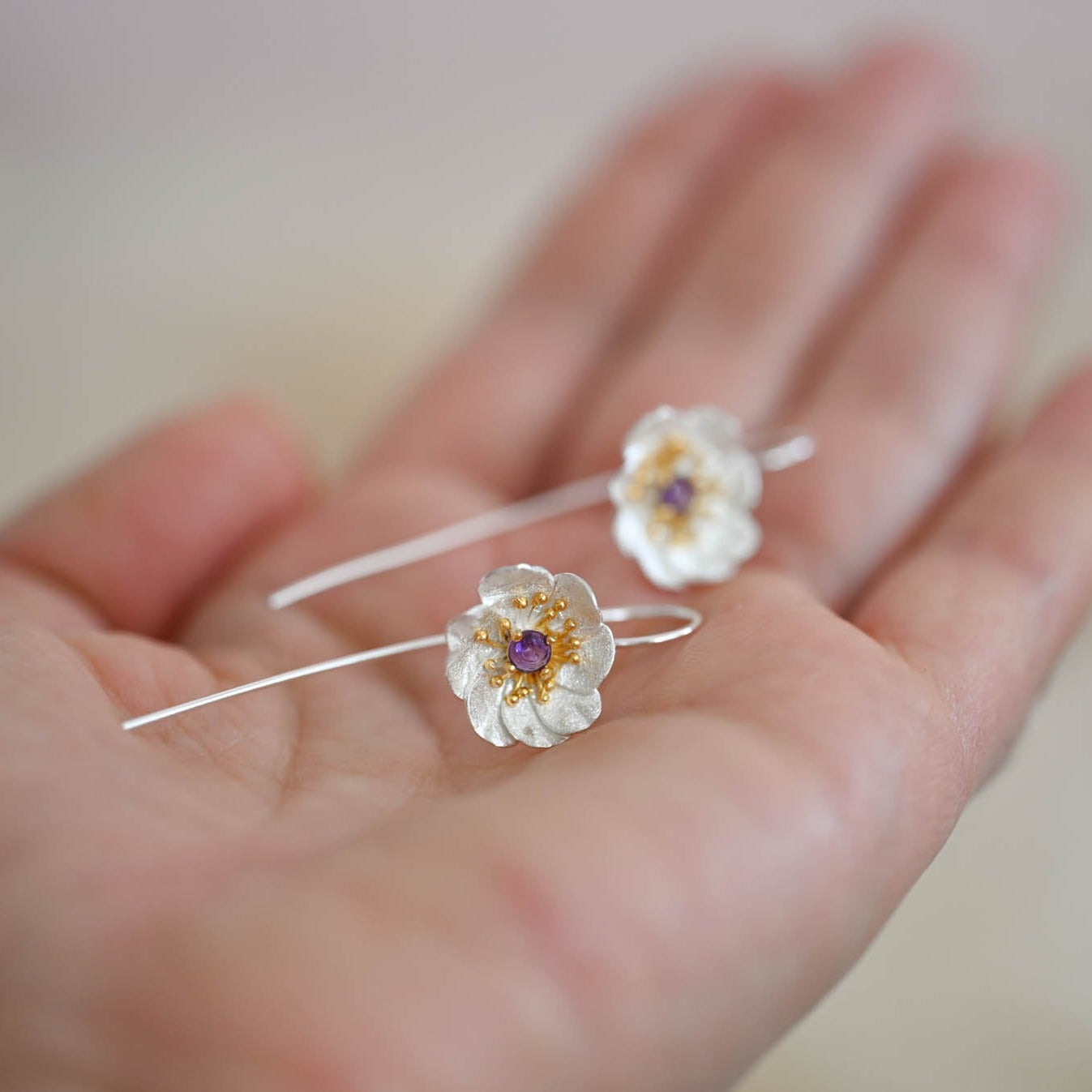 Handmade hanging earrings "Blooming Anemone" with amethyst