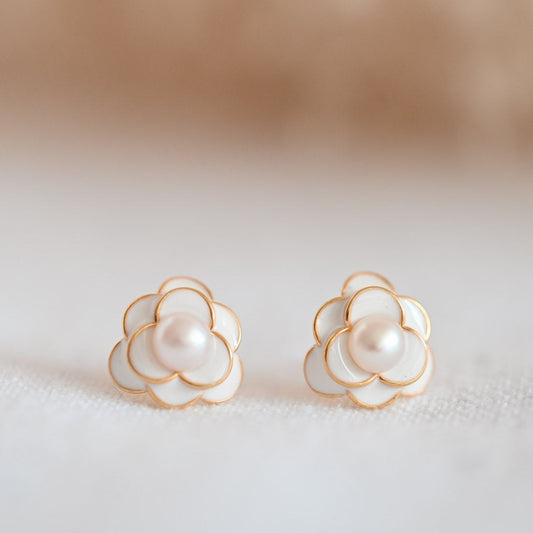 White Camellia with Pearl Stud Earrings, 925 Silver, 18K Gold, Enamel