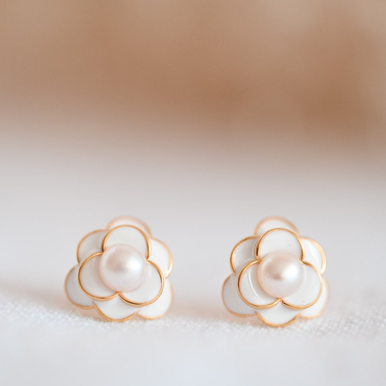 White Camellia with Pearl Stud Earrings, 925 Silver, 18K Gold, Enamel