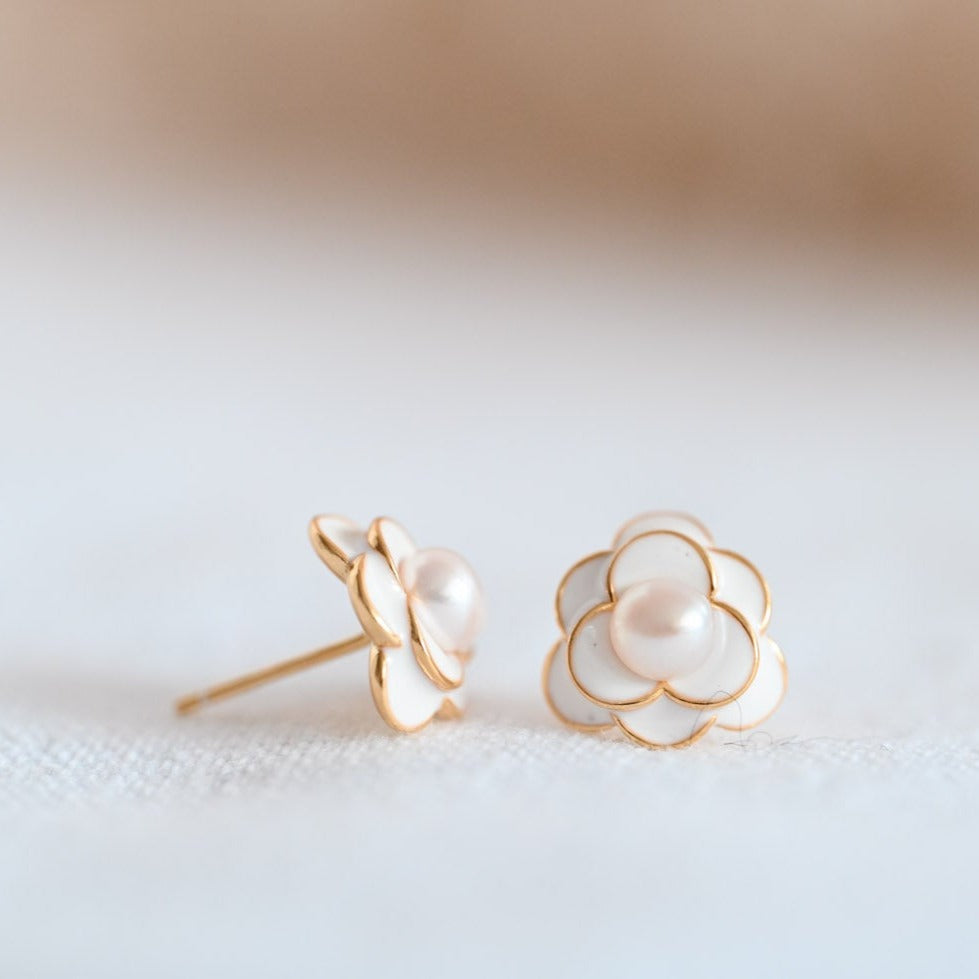 White Camellia with Pearl Stud Earrings, 925 Silver, 18K Gold, Enamel