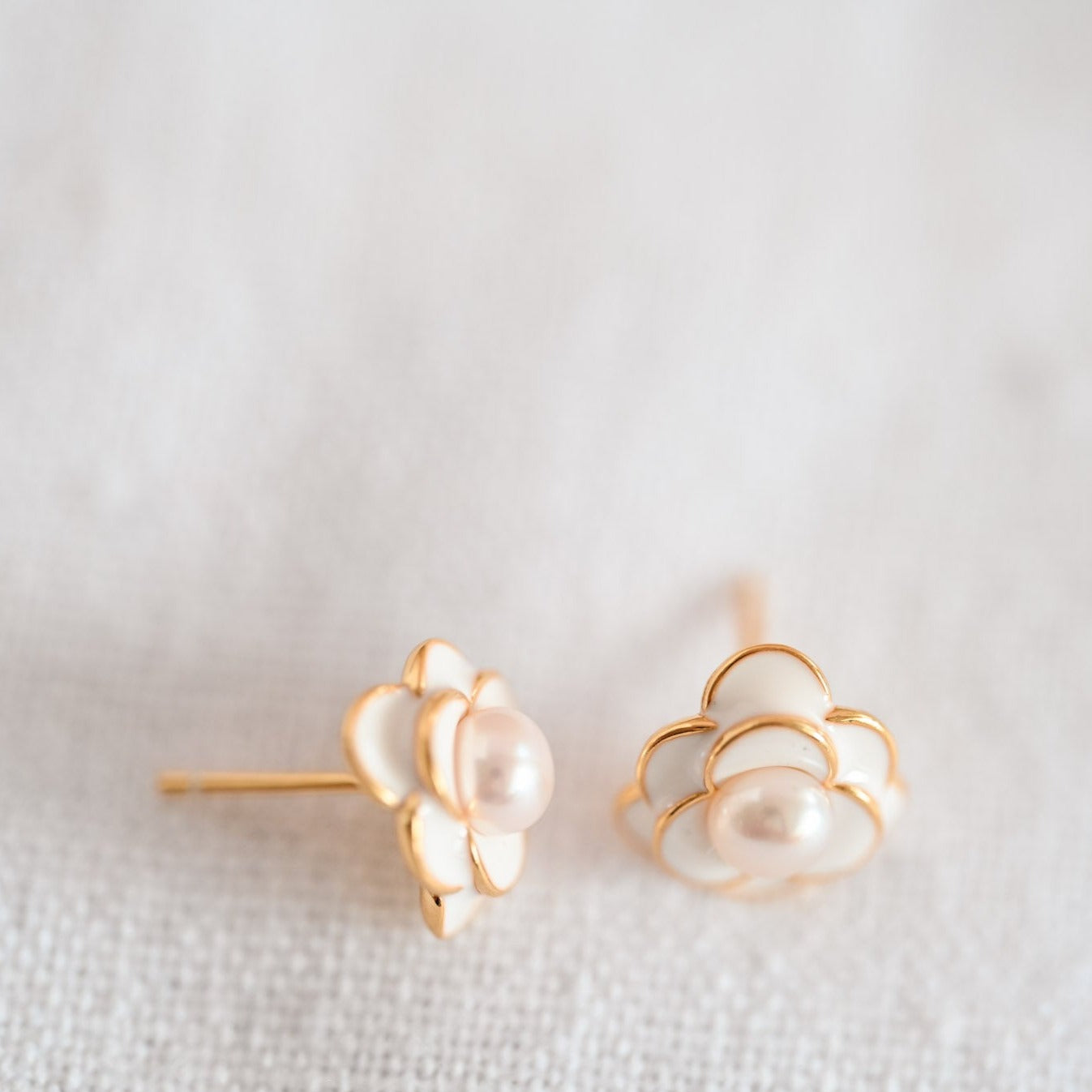 White Camellia with Pearl Stud Earrings, 925 Silver, 18K Gold, Enamel