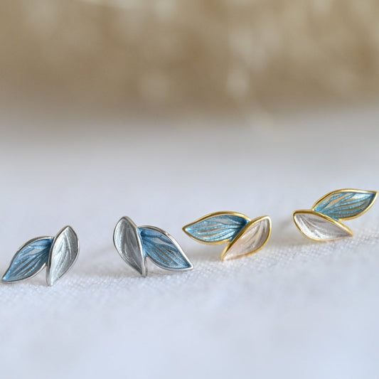 Minimalist earrings colorful leaves, 925 silver, 18K gold