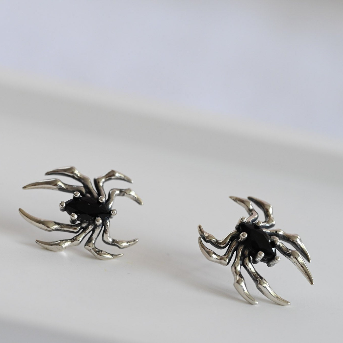 Large black spider earrings, 925 silver, zircon