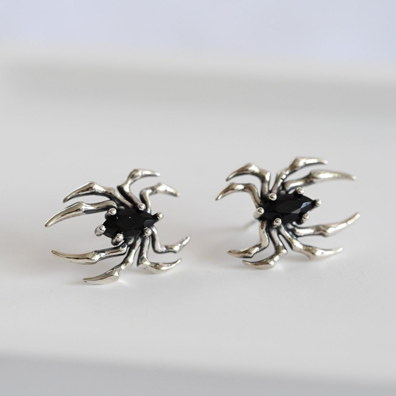 Large black spider earrings, 925 silver, zircon