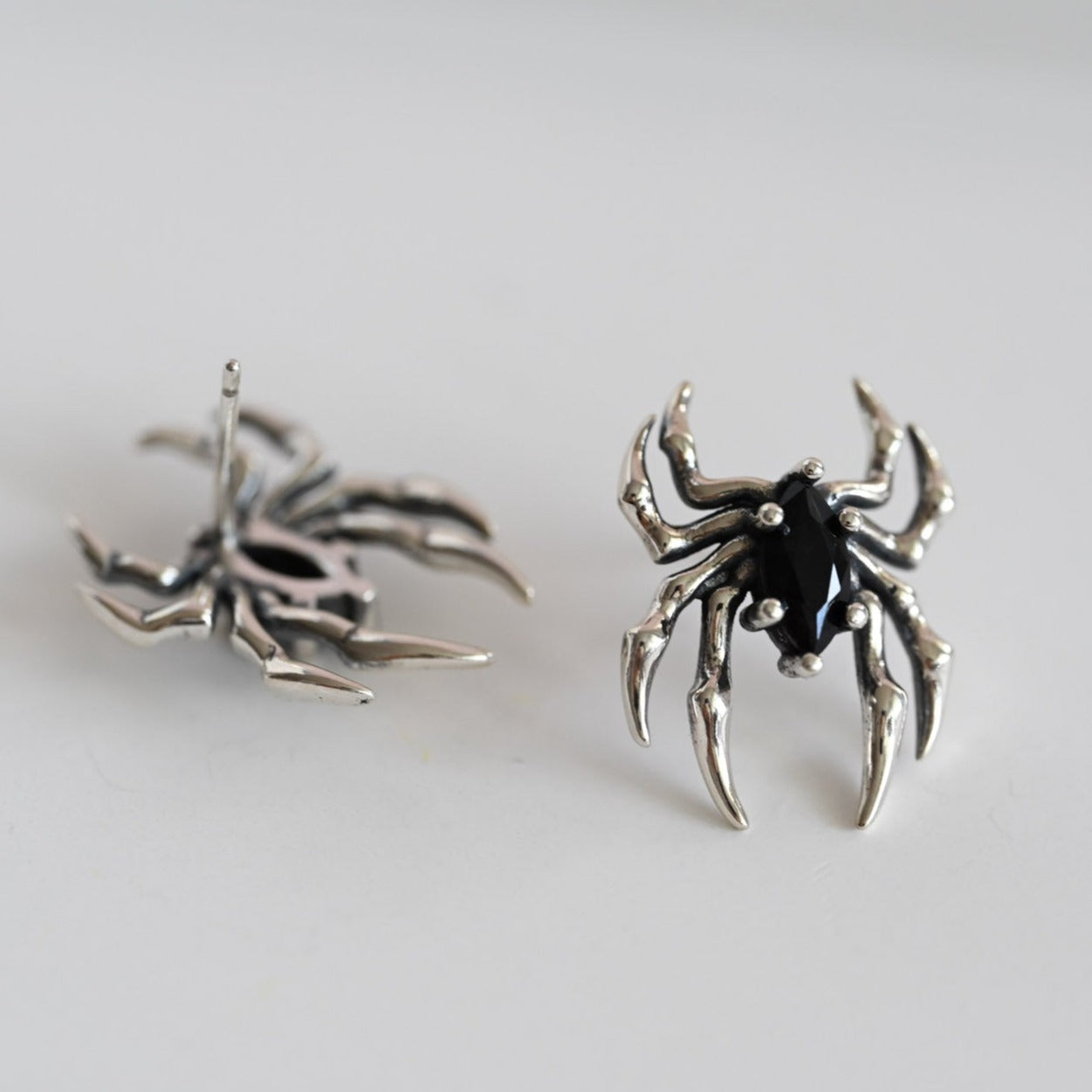 Large black spider earrings, 925 silver, zircon