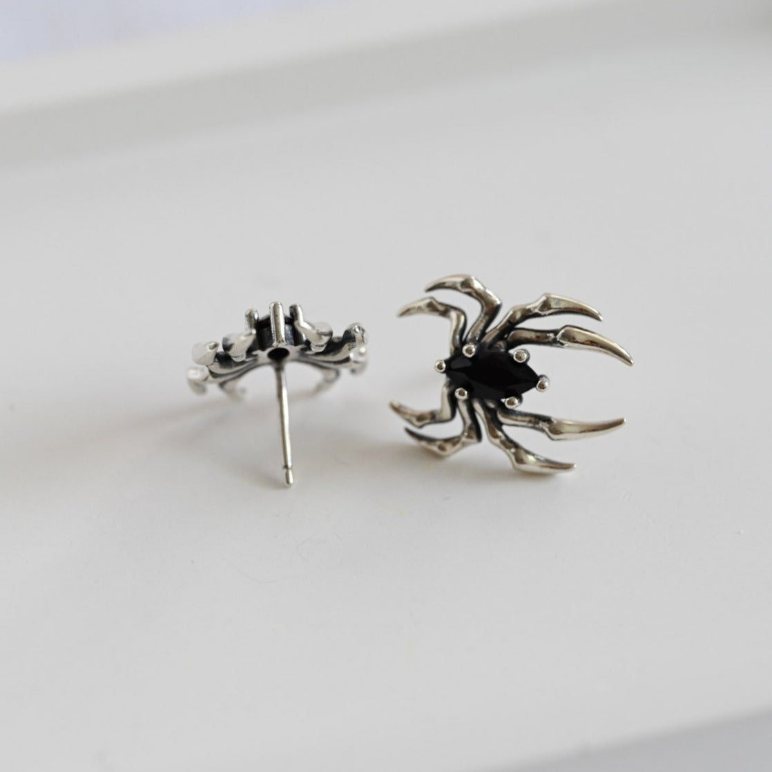 Large black spider earrings, 925 silver, zircon