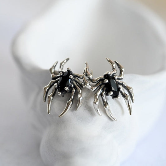 Large black spider earrings, 925 silver, zircon