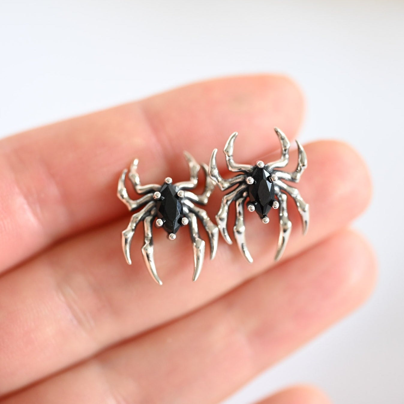 Large black spider earrings, 925 silver, zircon