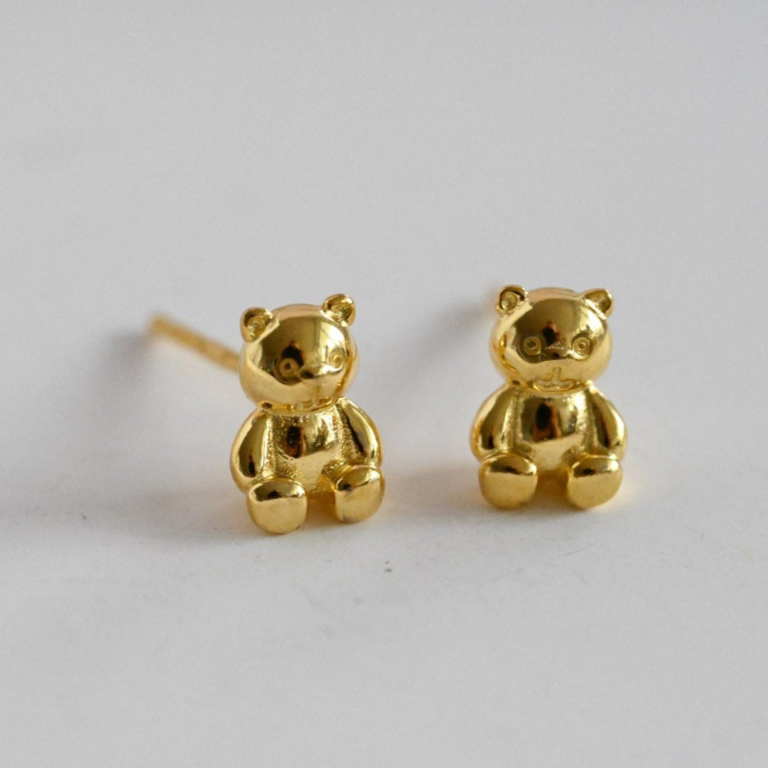 Small cute teddy bear earrings, 925 silver, 18K gold