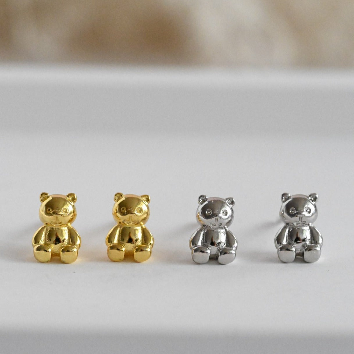 Small cute teddy bear earrings, 925 silver, 18K gold