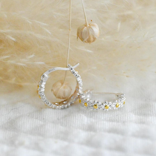 Daisy Hoop Earrings, 925 Silver, 18K Gold