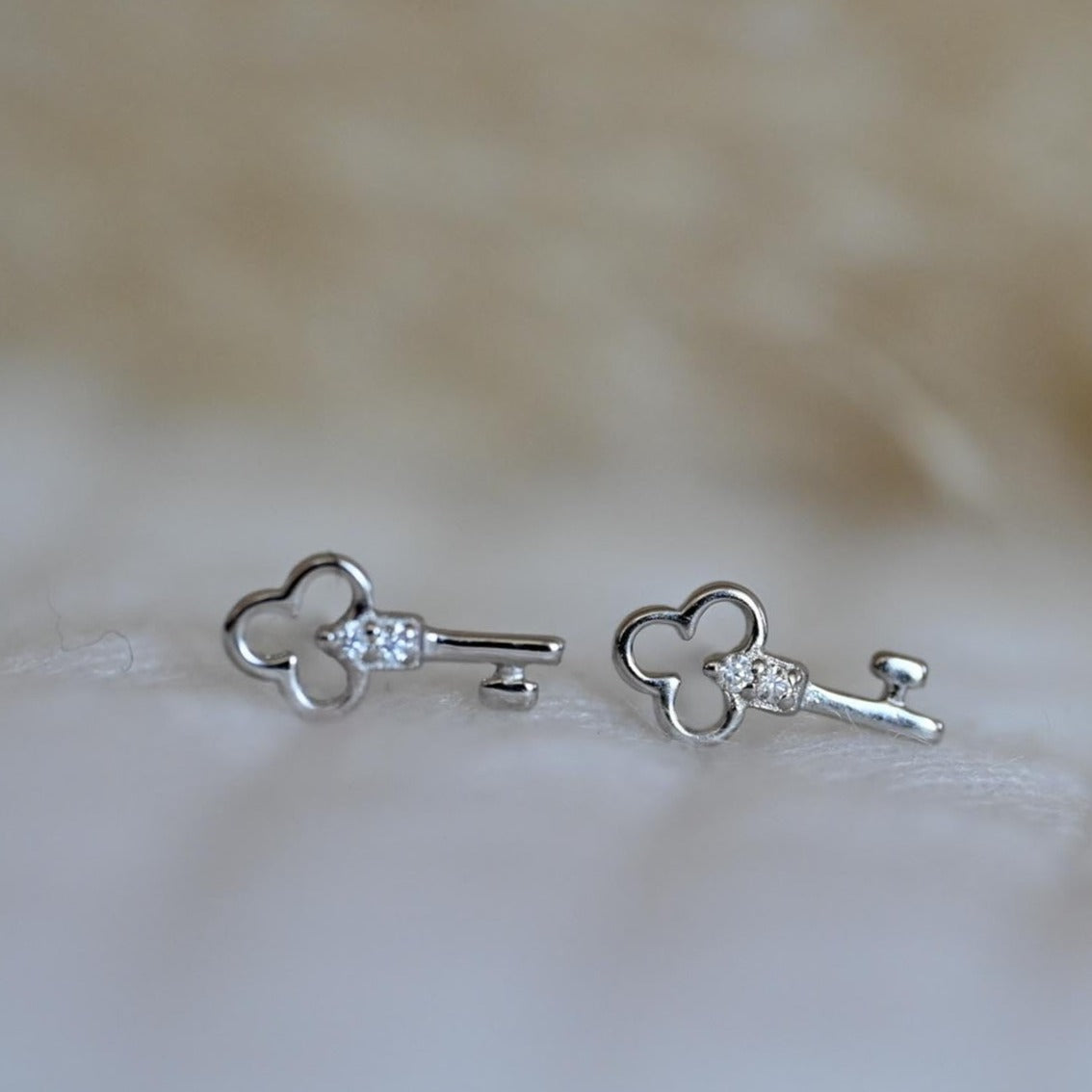 Mini Key Stud Earrings with Zircon, 925 Silver, 18K Gold