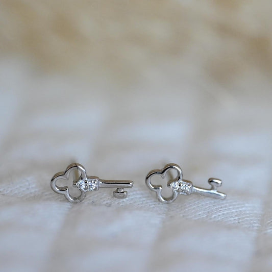 Mini Key Stud Earrings with Zircon, 925 Silver, 18K Gold