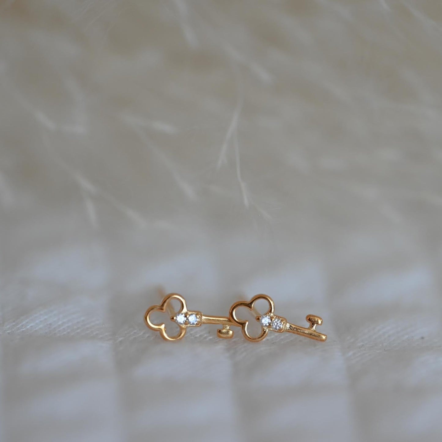 Mini Key Stud Earrings with Zircon, 925 Silver, 18K Gold