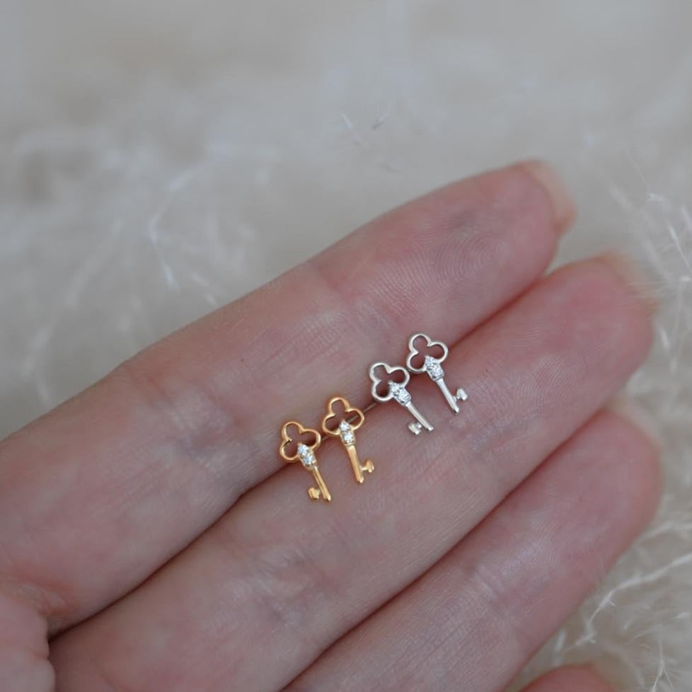 Mini Key Stud Earrings with Zircon, 925 Silver, 18K Gold