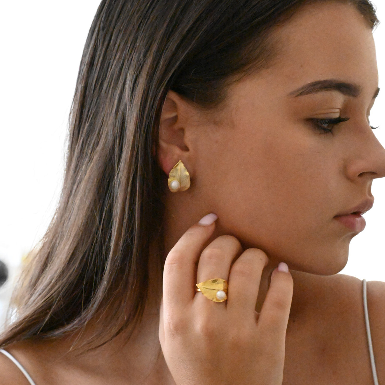 Leaf earrings and ring with pearl