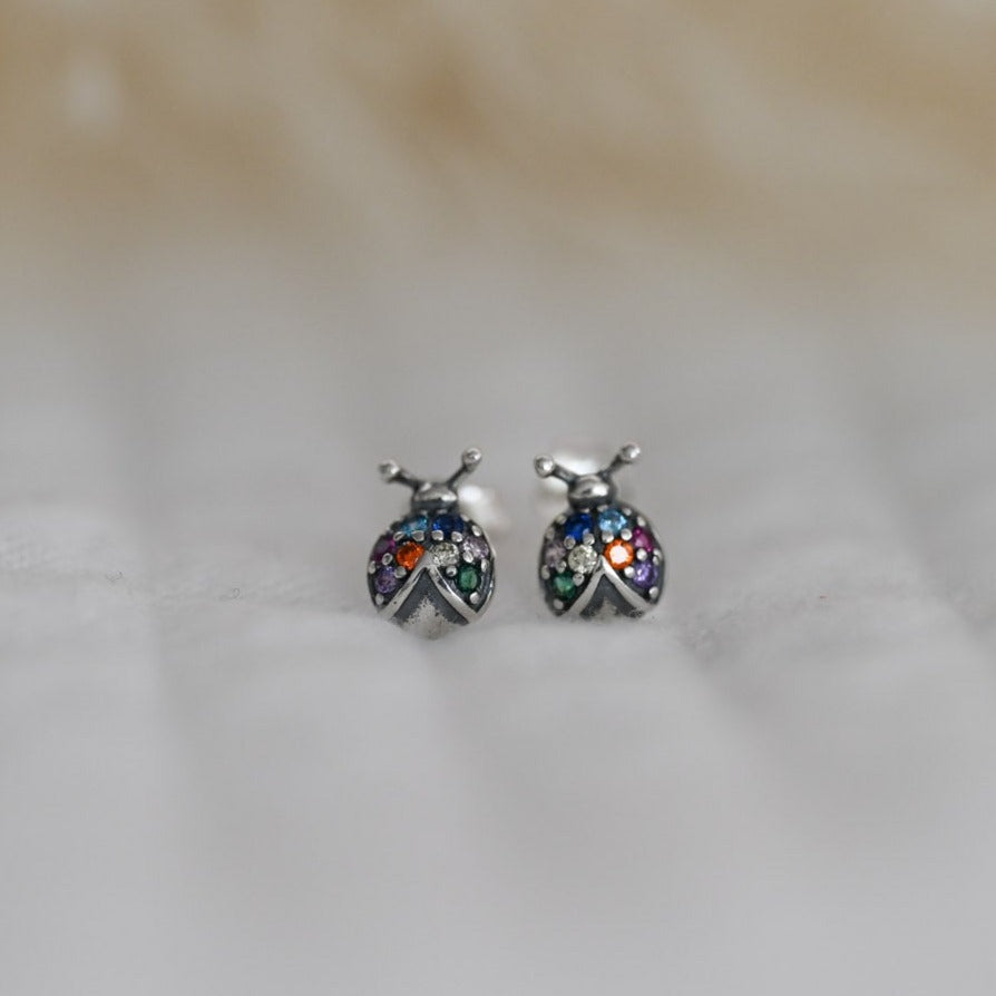 Rainbow stud earrings – ladybug earrings made of 925 sterling silver with colorful zircon stones