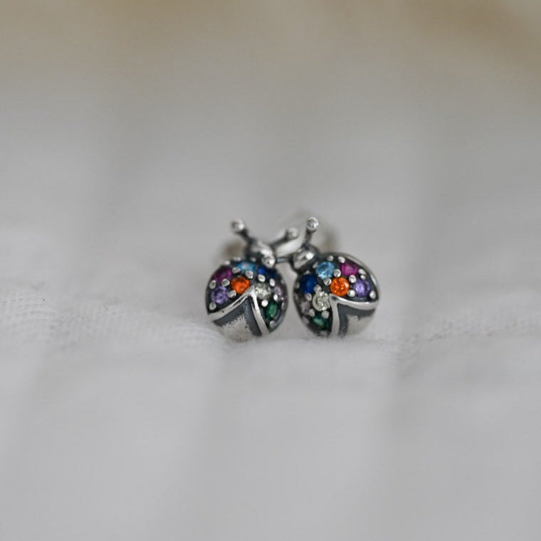 Rainbow stud earrings – ladybug earrings made of 925 sterling silver with colorful zircon stones