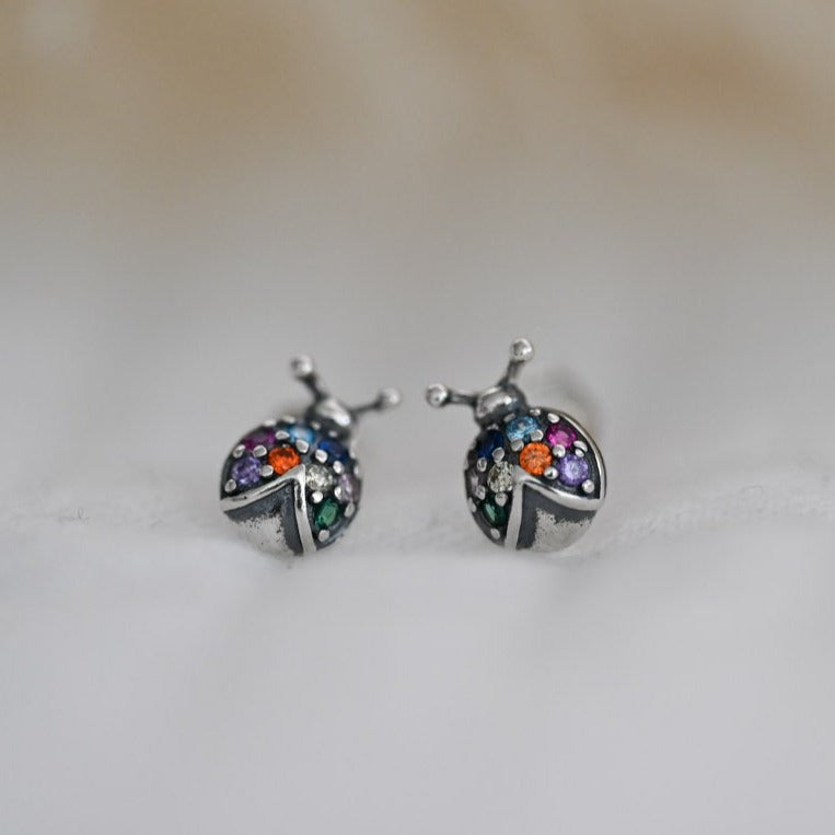 Rainbow stud earrings – ladybug earrings made of 925 sterling silver with colorful zircon stones