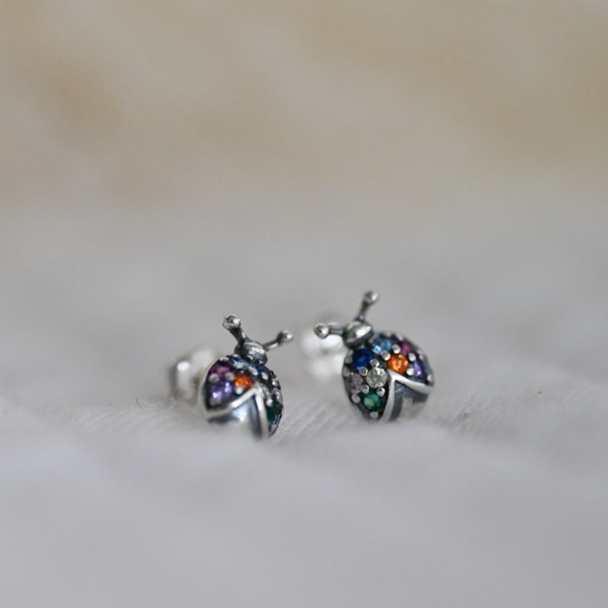 Rainbow stud earrings – ladybug earrings made of 925 sterling silver with colorful zircon stones