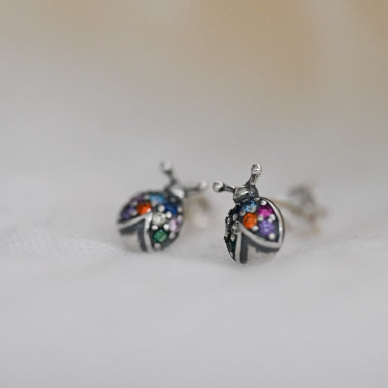 Rainbow stud earrings – ladybug earrings made of 925 sterling silver with colorful zircon stones