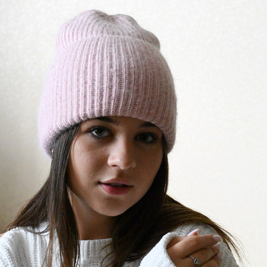 Warm, Soft and Fluffy Angora Beanie, mini sequins, pink