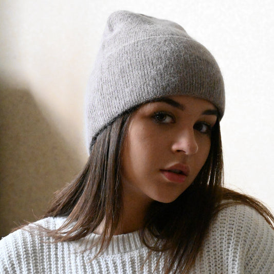 Warm, soft and fluffy hat made of merino wool and angora wool, cappuccino