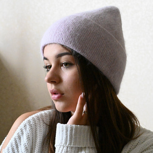 Warm, soft and fluffy hat made of merino wool and angora wool, lilac