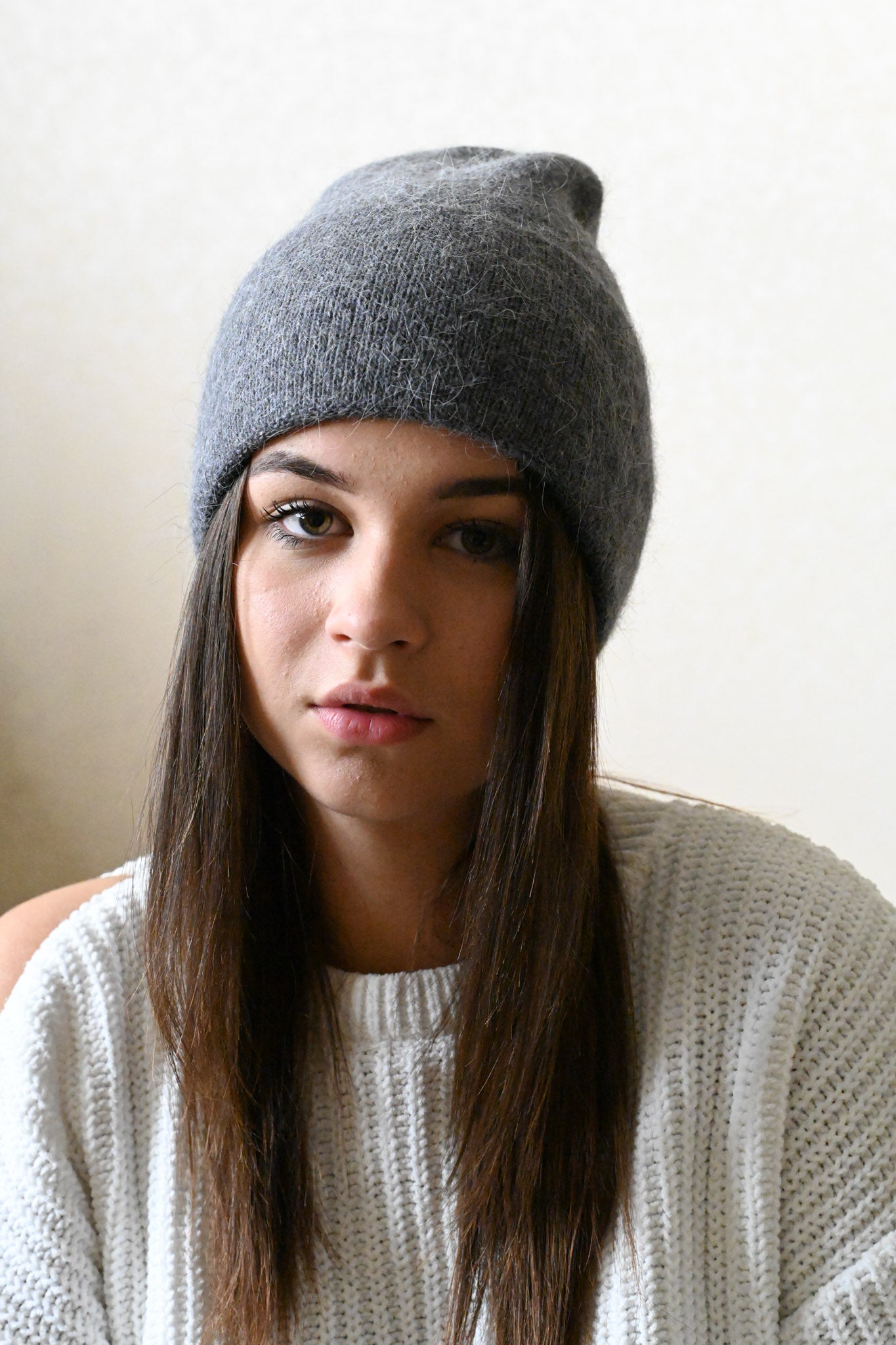 Warm, soft and fluffy hat made of merino wool and angora wool