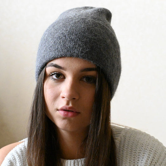 Warm, soft and fluffy hat made of merino wool and angora wool, dark grey