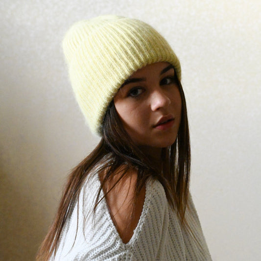 Warm, Soft and Fluffy Angora Beanie, mini sequins, yellow