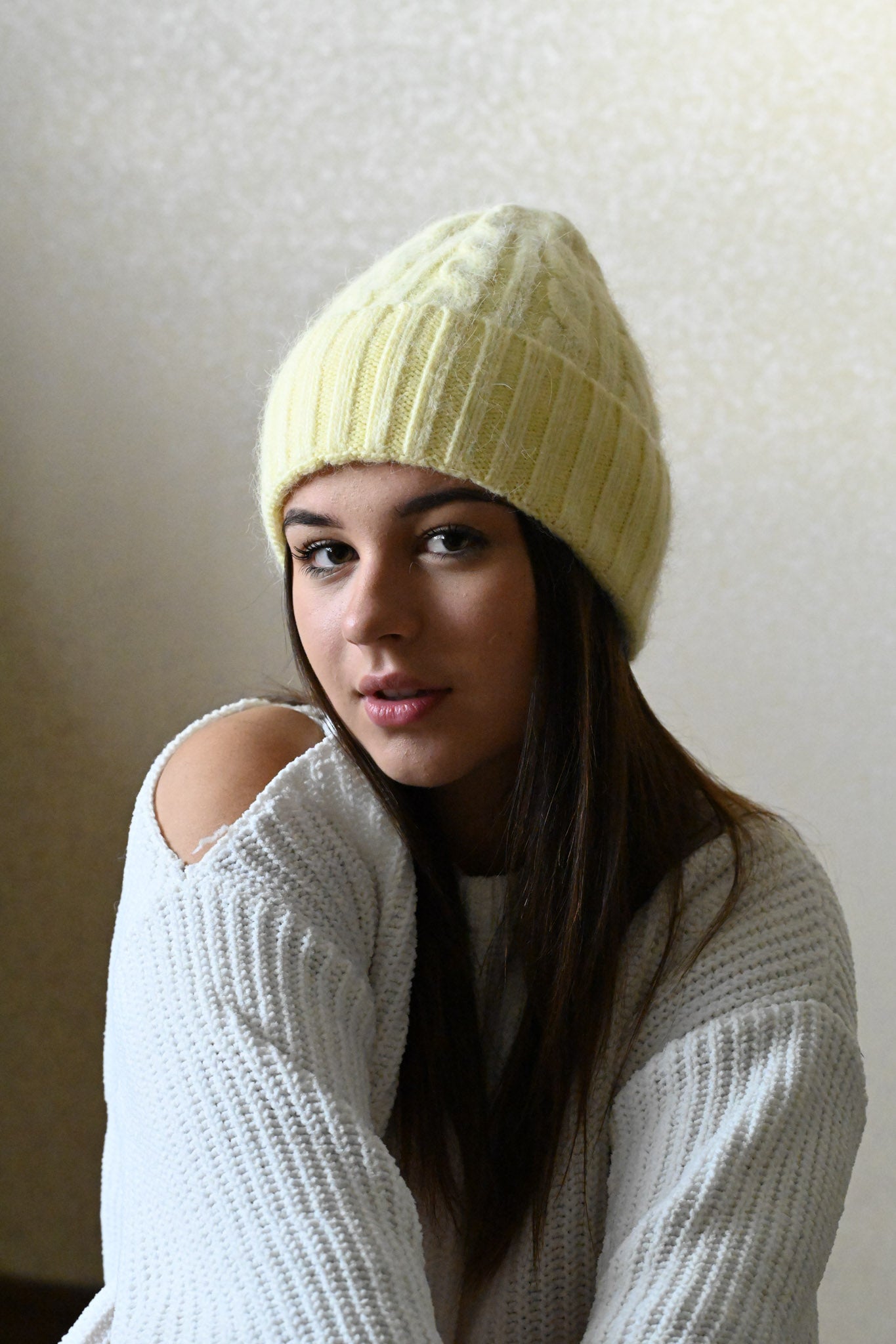 Warm fluffy Angora wool beanie, yellow