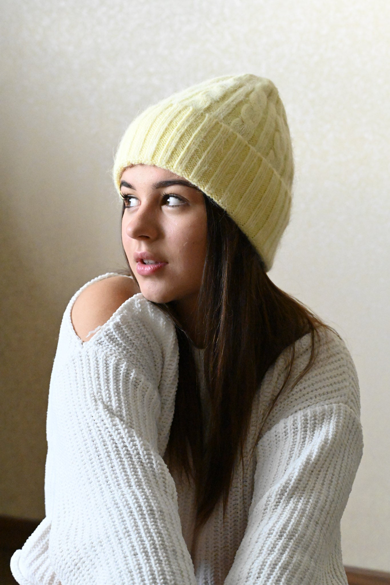 Warm fluffy Angora wool beanie, yellow