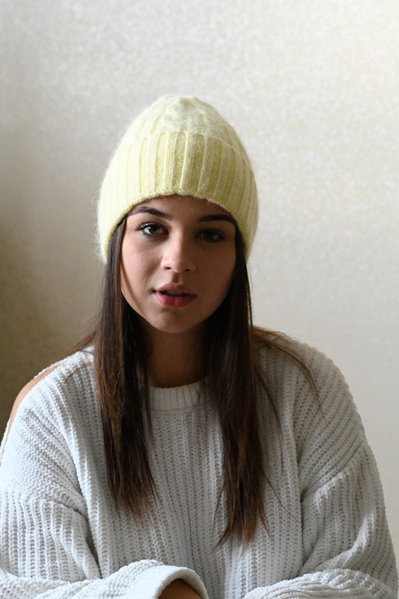 Warm fluffy Angora wool beanie, yellow