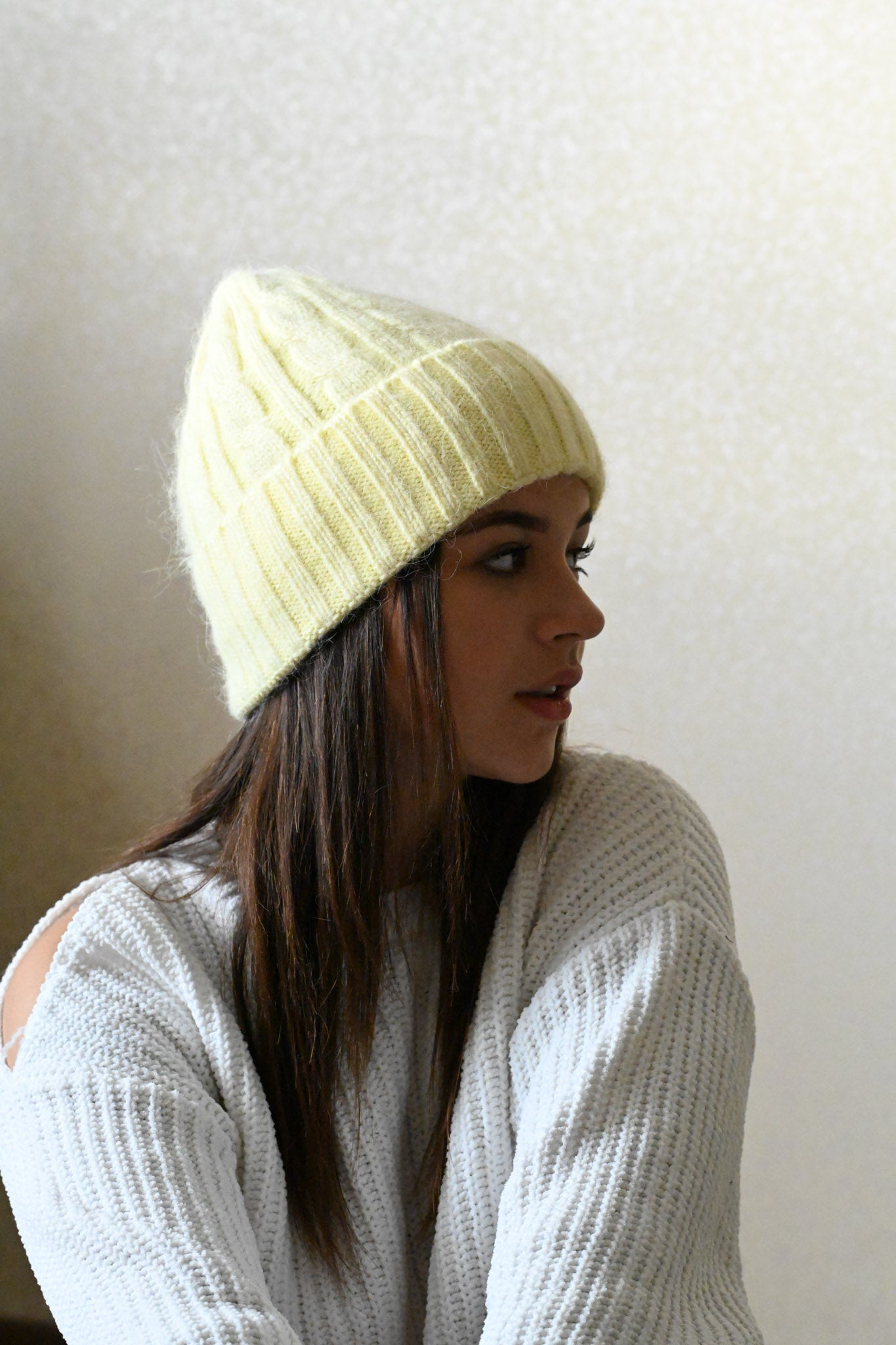 Warm fluffy Angora wool beanie, yellow