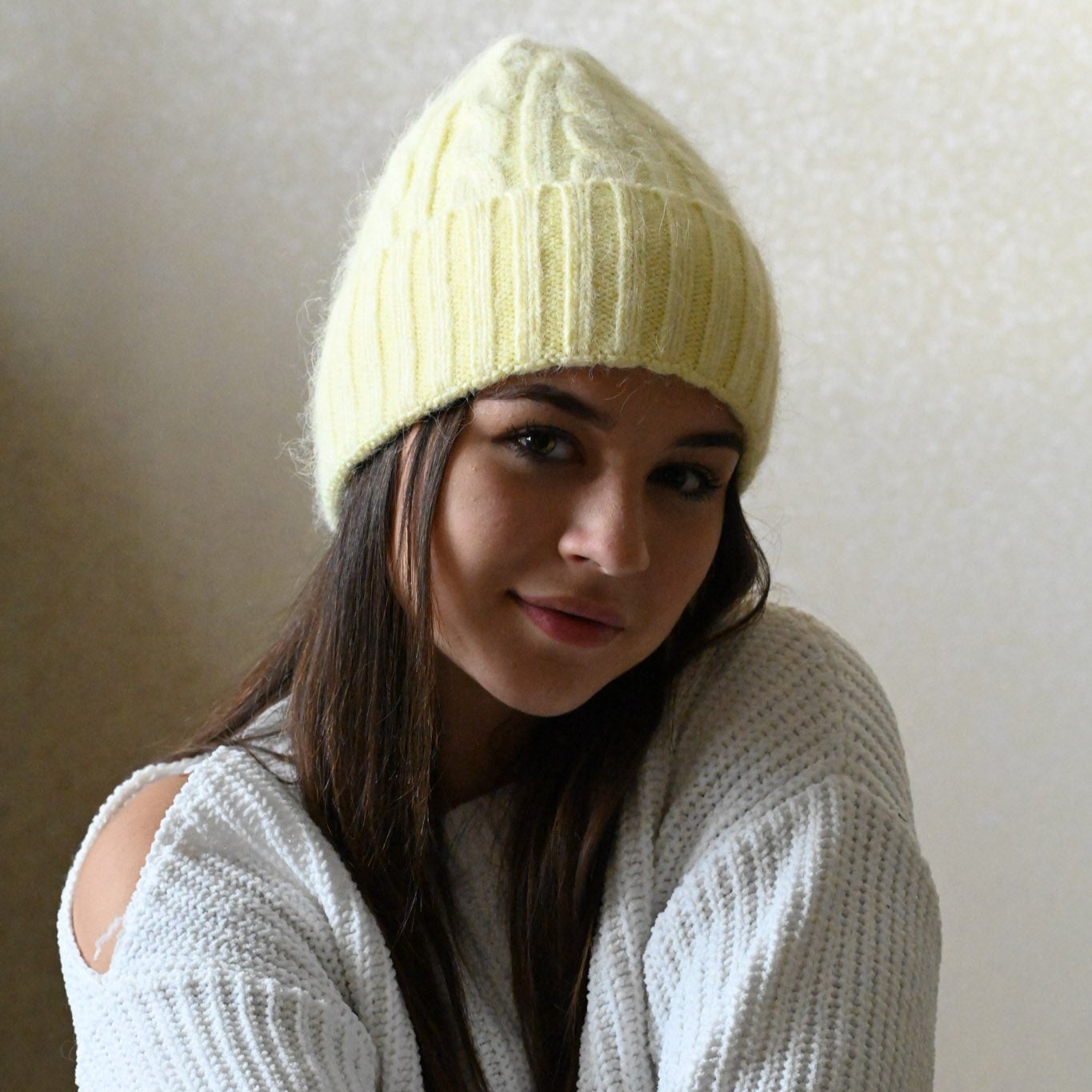 Warm fluffy Angora wool beanie, yellow