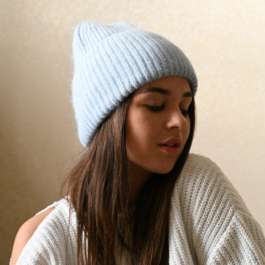 Warm, Soft and Fluffy Angora Beanie, mini sequins, light blue