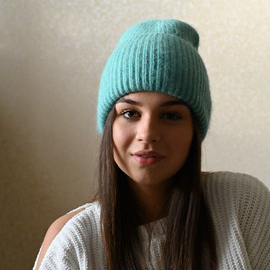 Warm, Soft and Fluffy Angora Beanie, mini sequins, green