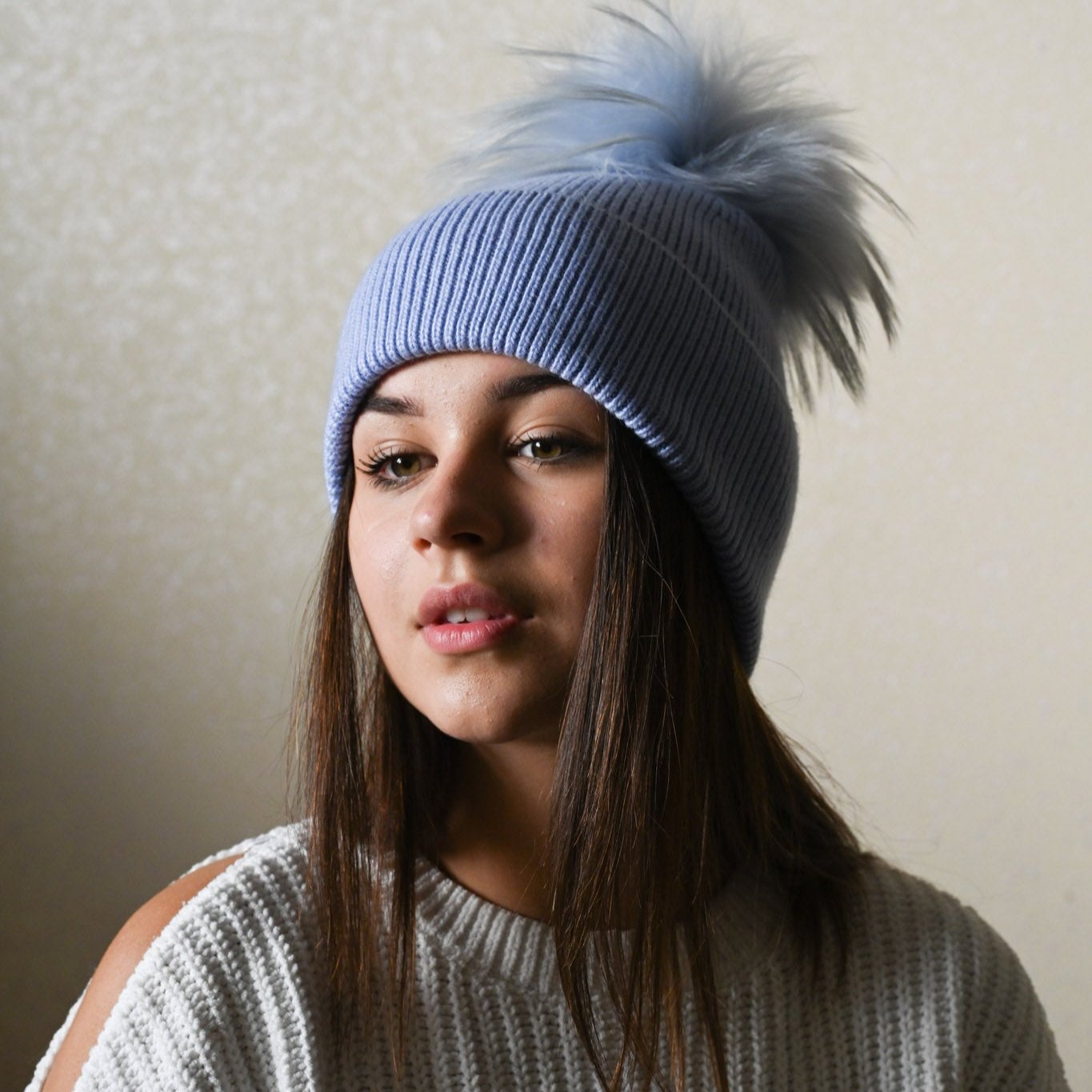 Cashmere and merino wool warm winter hat, fur pompom