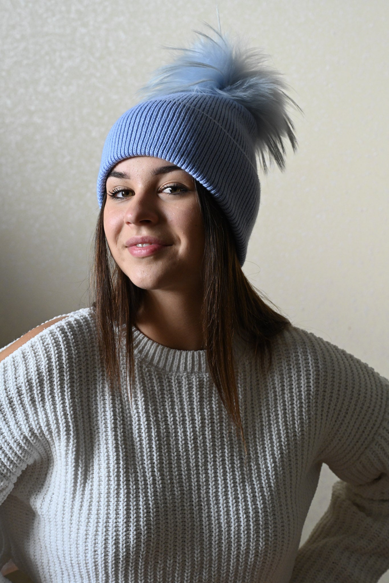 Cashmere and merino wool warm winter hat, fur pompom