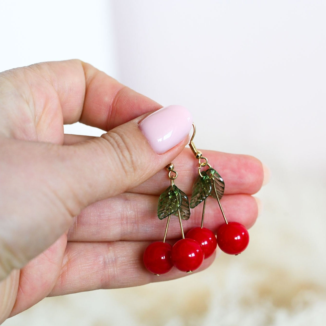 Hanging earrings "Sweet cherries made of glass beads"