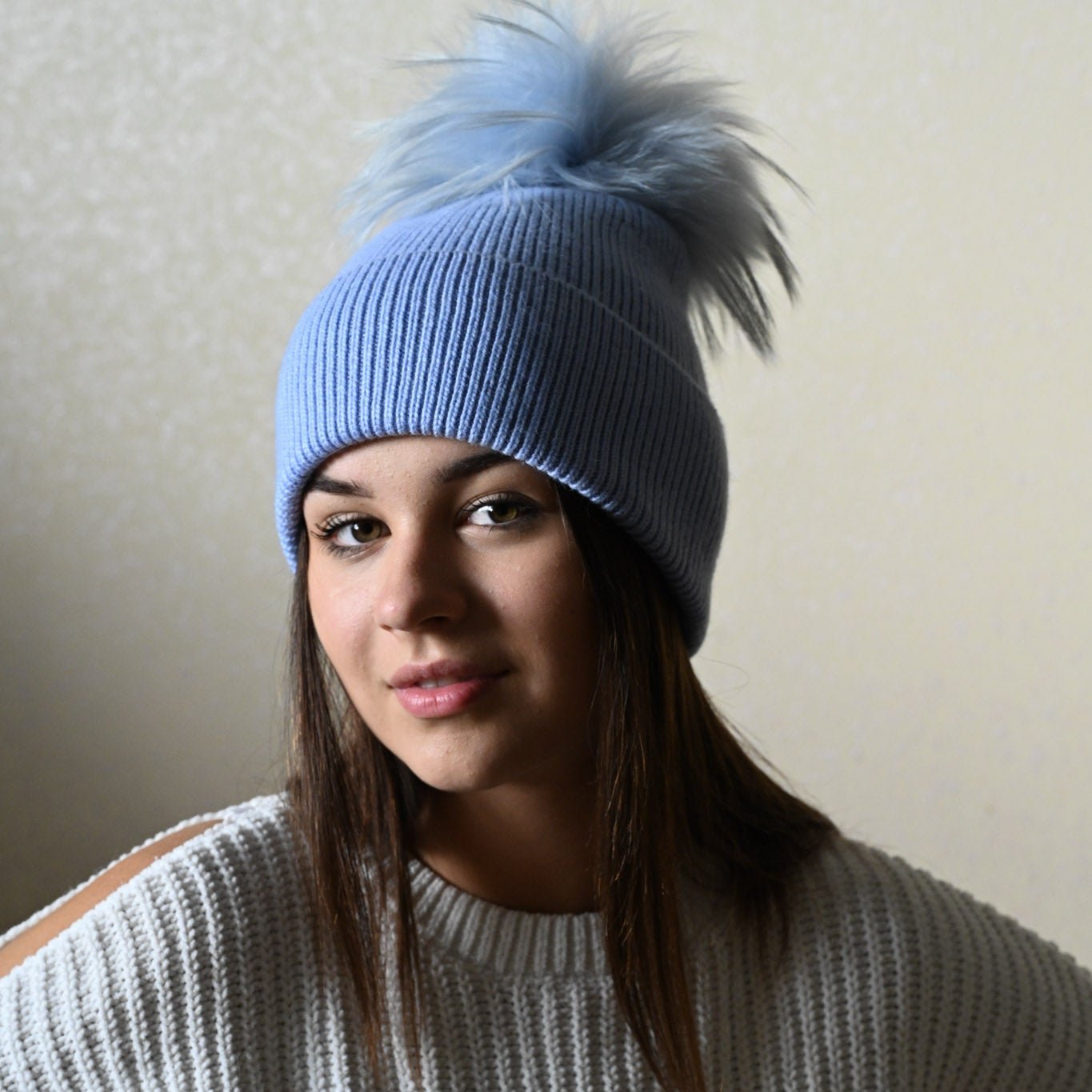 Cashmere and merino wool warm winter hat, fur pompom